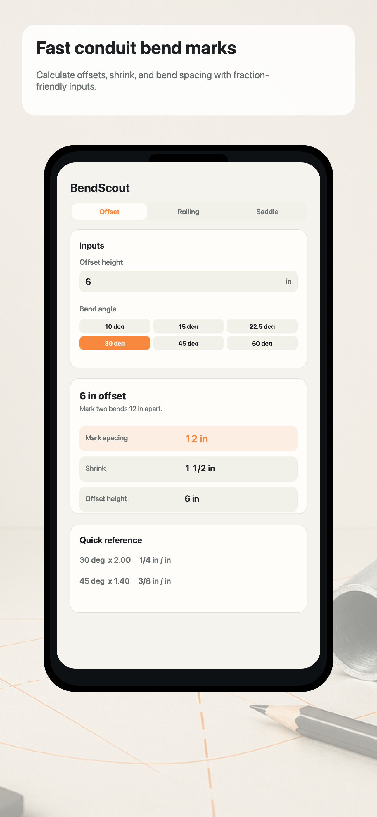 BendScout two-bend offset calculator with conduit bend inputs and results