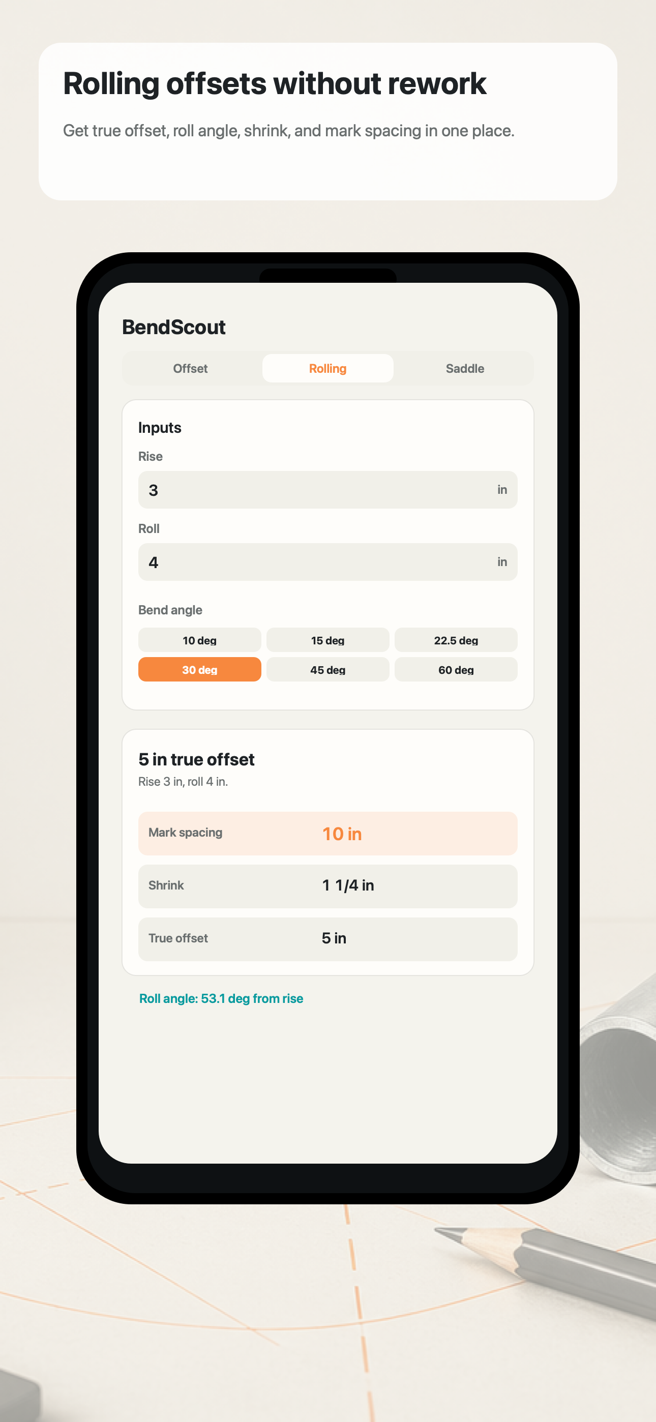 BendScout rolling offset calculator with travel and bend angle results