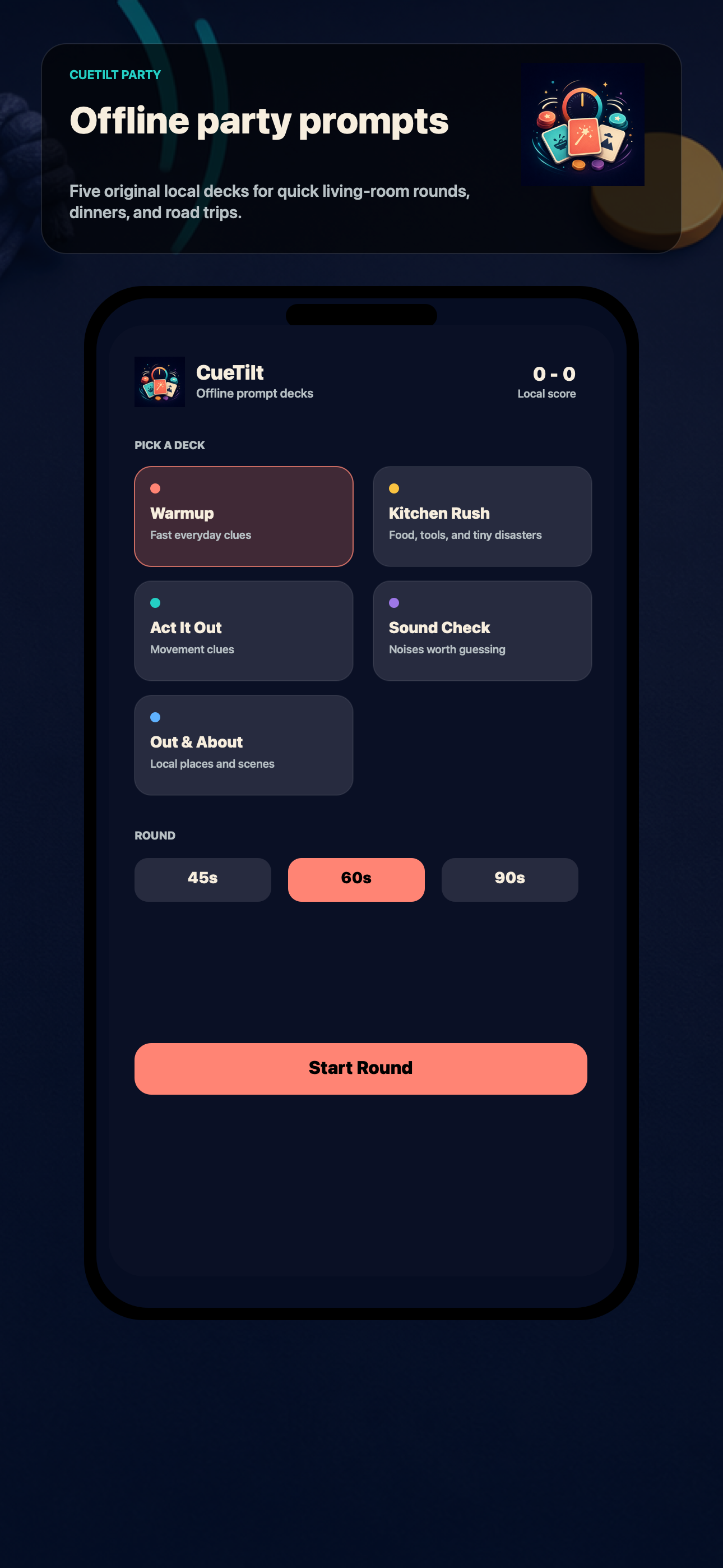 CueTilt deck picker showing original offline prompt decks for a party guessing game