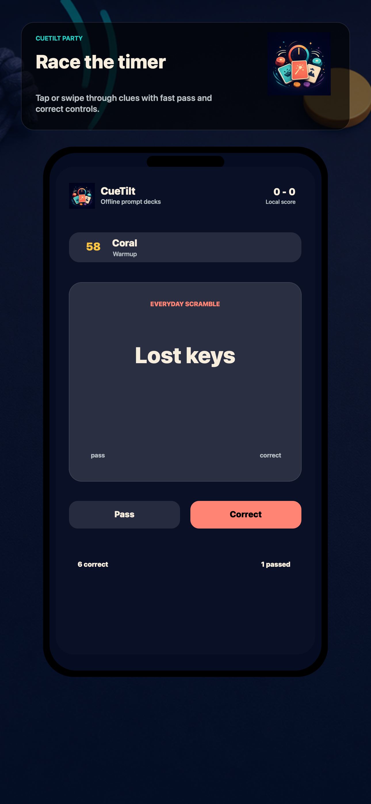 CueTilt round screen with prompt card, correct, pass, and tilt-to-skip controls
