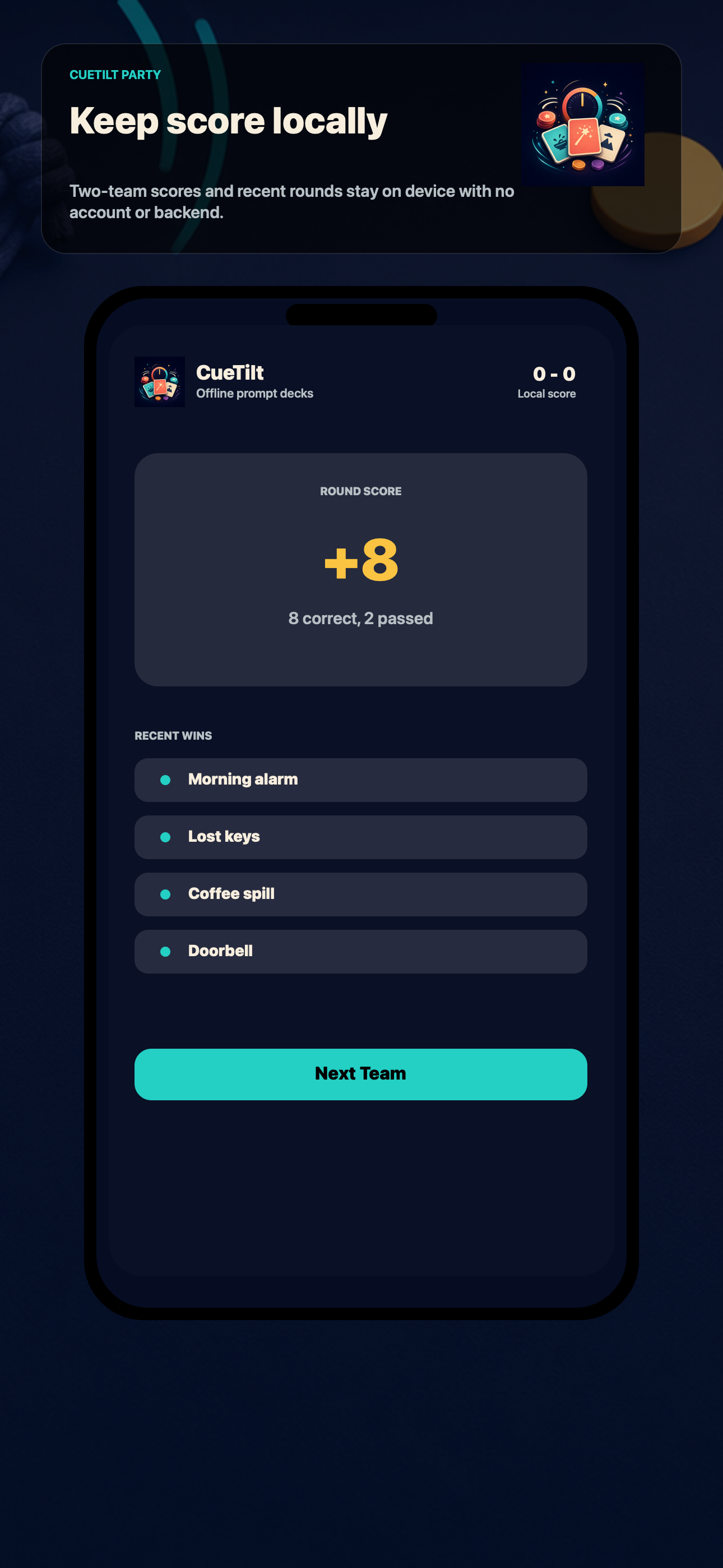 CueTilt two-team scoring screen with on-device round history