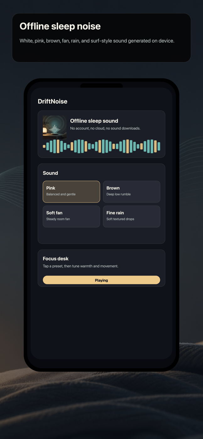 DriftNoise sound picker with offline white, pink, brown, fan, rain, and surf sounds