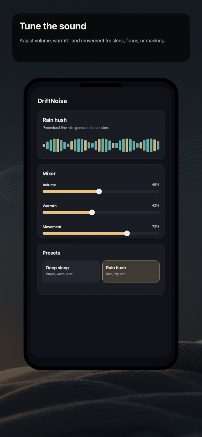 DriftNoise mixer controls for volume, warmth, movement, and sleep sound shape