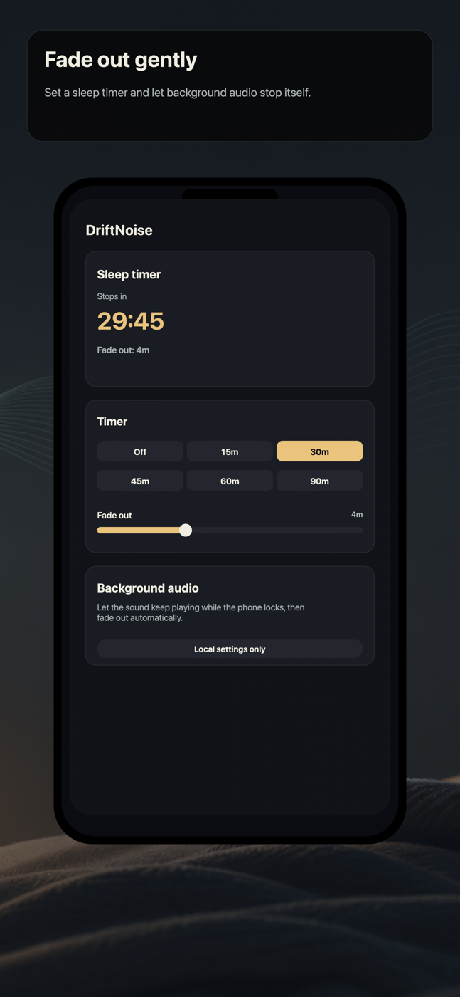 DriftNoise timer and fade-out controls for offline sleep audio