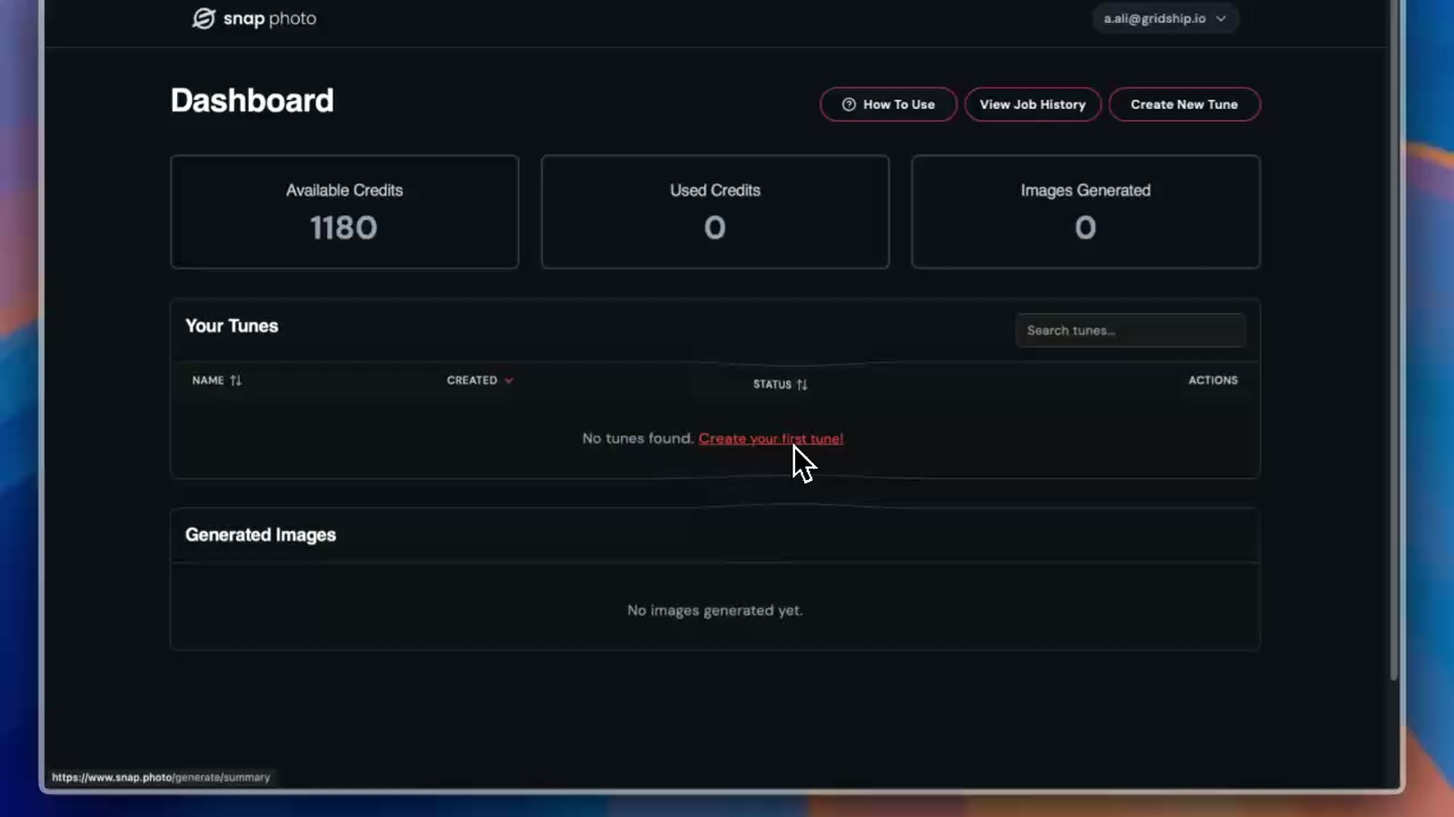 Snap.photo screenshot showing the dashboard overview and generation credits.