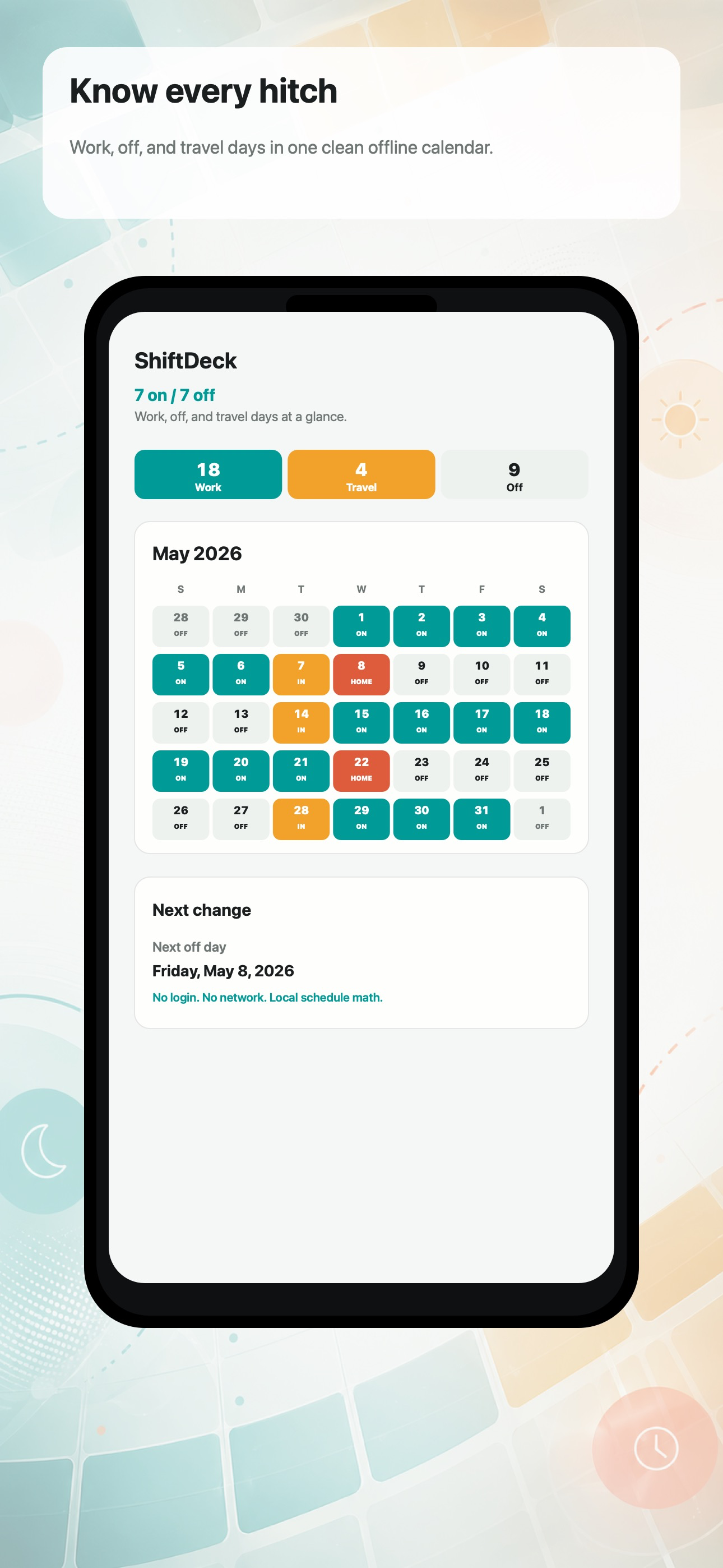ShiftDeck monthly calendar showing work, off, and travel days