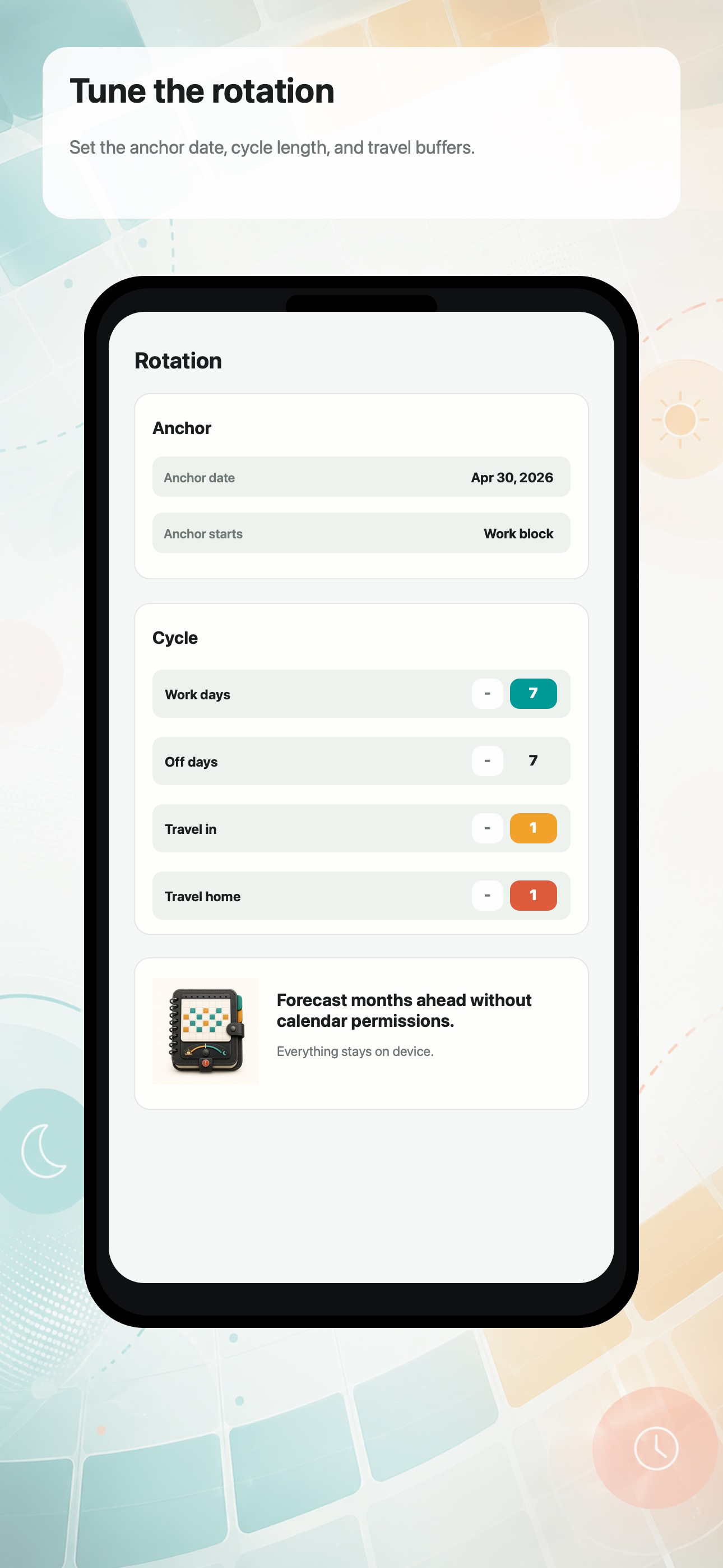 ShiftDeck rotation details with anchor date, countdown, and upcoming shift dates