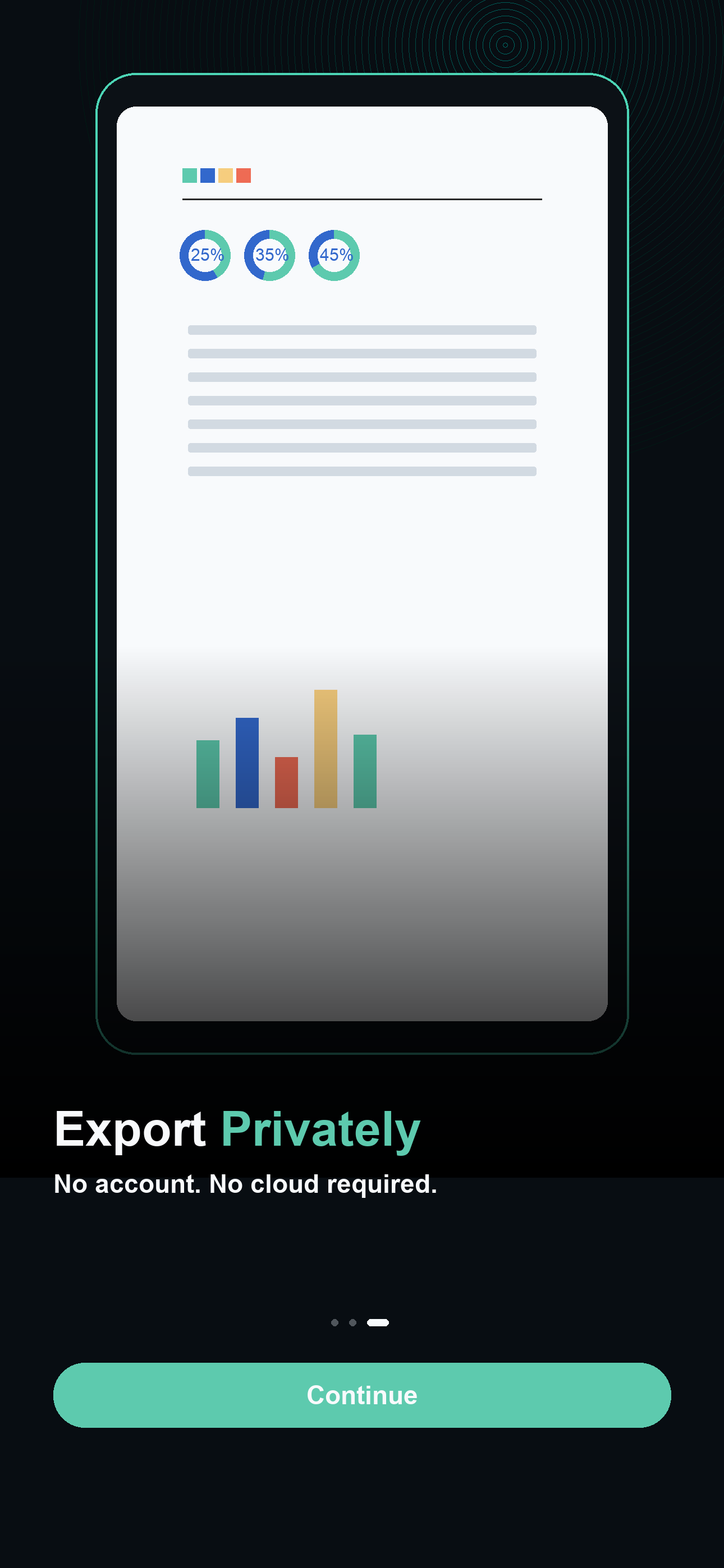 VaultScan private export screen for PDF, JPG, and TXT output